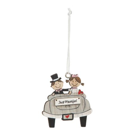 Houten decoratie Just married aan koord, 6 stuks