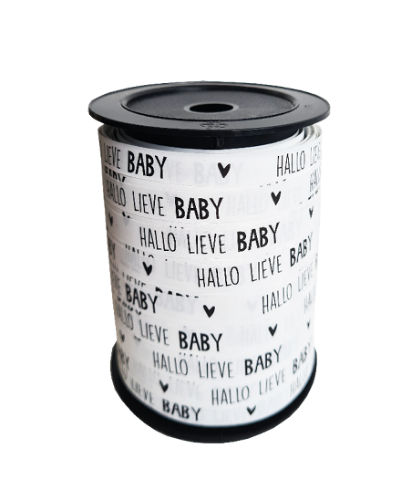 Bedrukt cadeaulint - Hallo lieve baby, wit/zwart - 10mmx150m